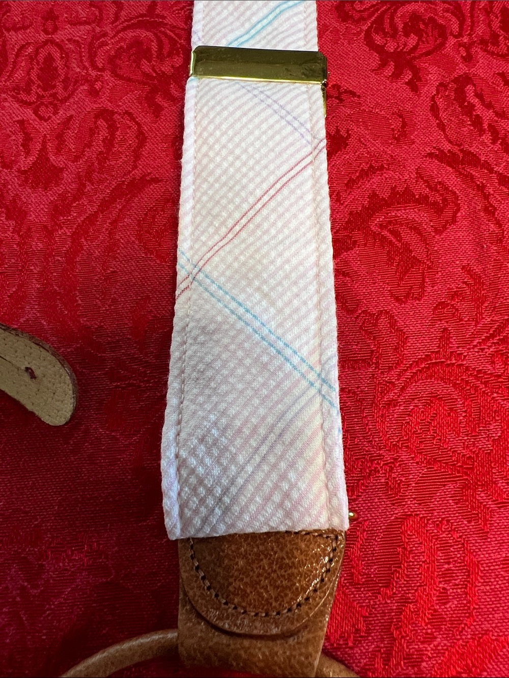 Men’s Seersucker Suspenders Pink White Blue Stripe Leather Button Tabs